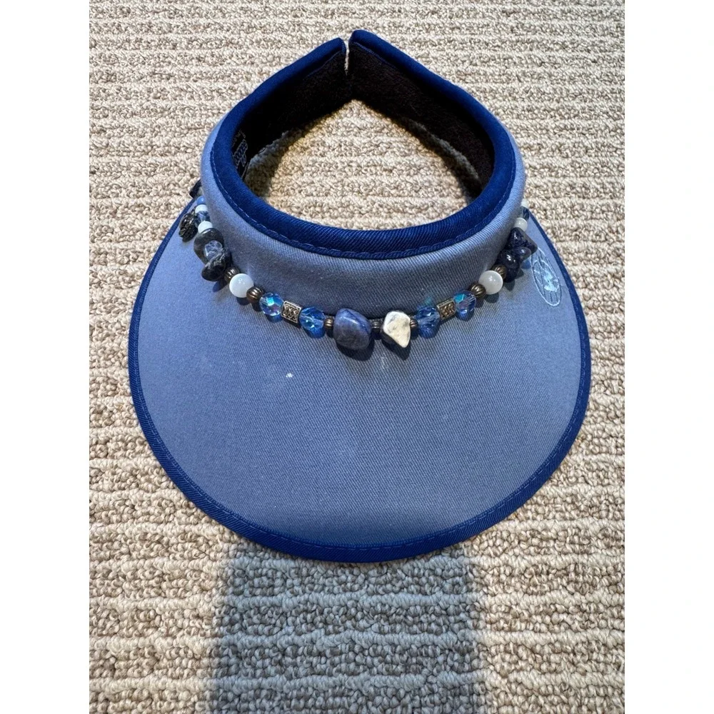 Wooggee Blue Beaded Sun Visor Hat Women Denim Look Beach Golf Tennis‎ Accessory